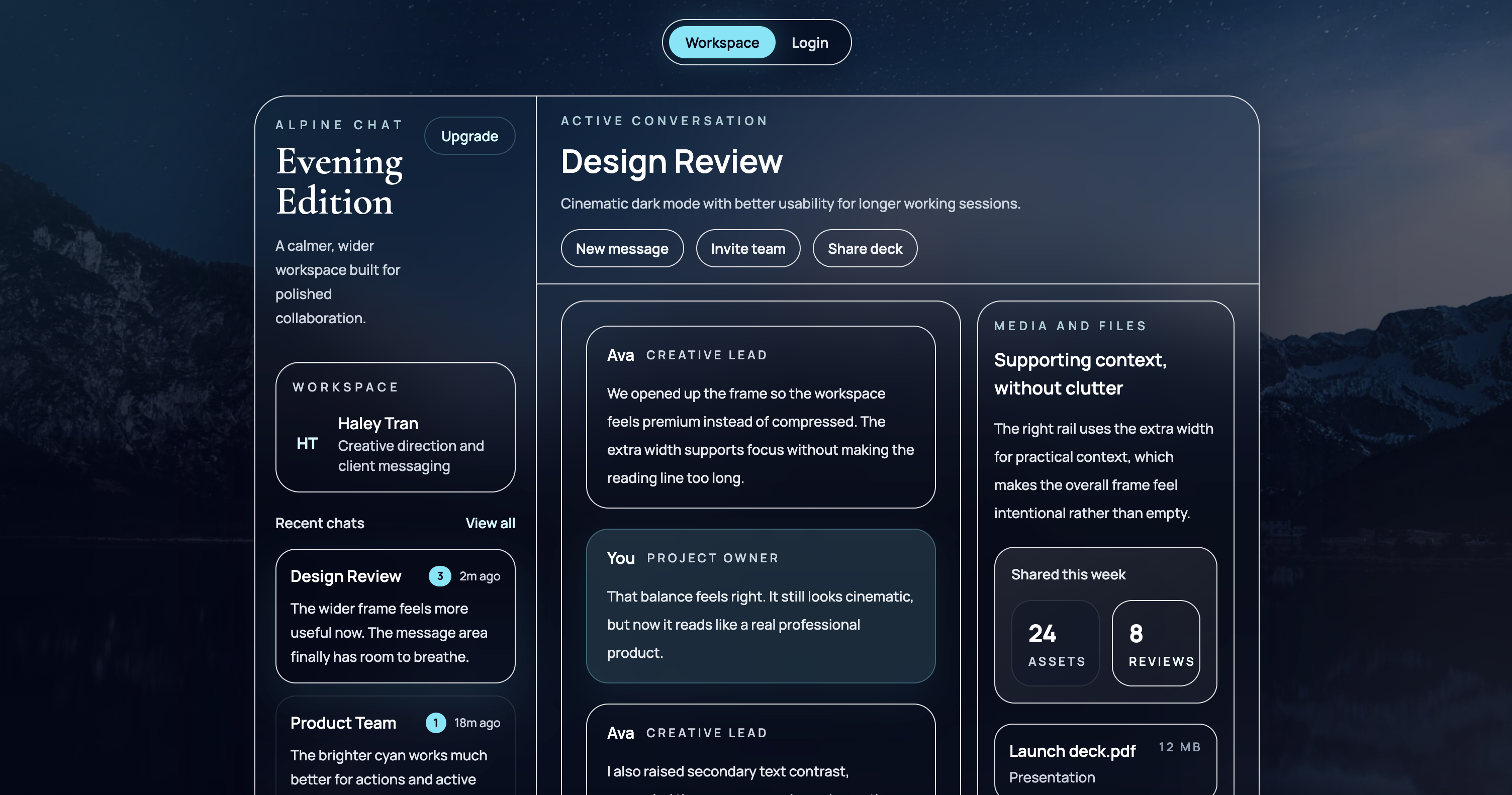 FrensChatApp workspace screen with active conversation layout and file context panel