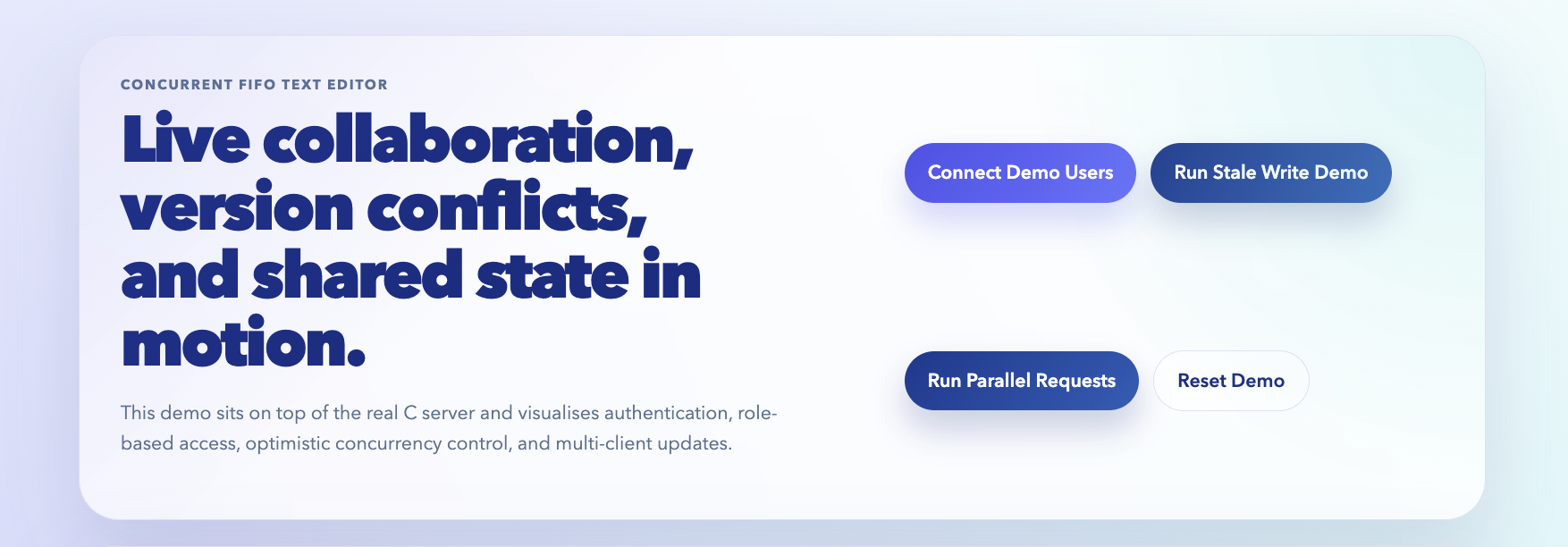 Collaborative text editor demo interface for live collaboration, version conflicts, and shared state